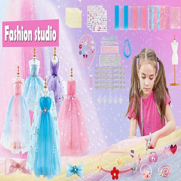 Fashion Designer Kit for Kids, Arts and Crafts Sewing Kits for Girls, Princess Fashion Design and Doll Clothes Outfits